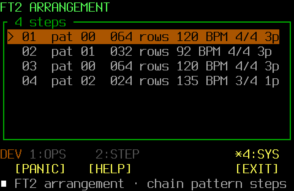 Populated Arrangement screen with the SYS page