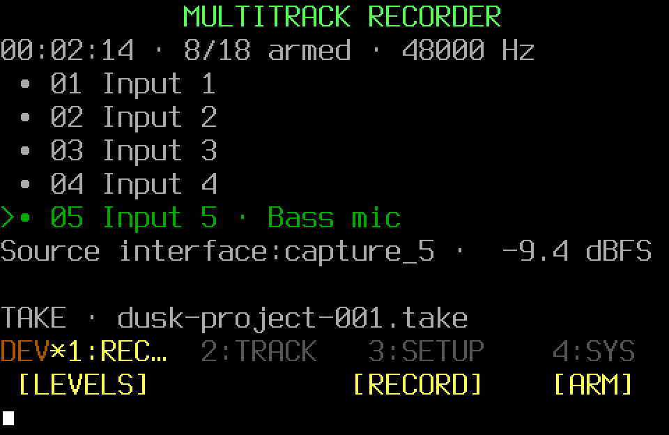 Populated Audio recorder screen with the RECORD controller page