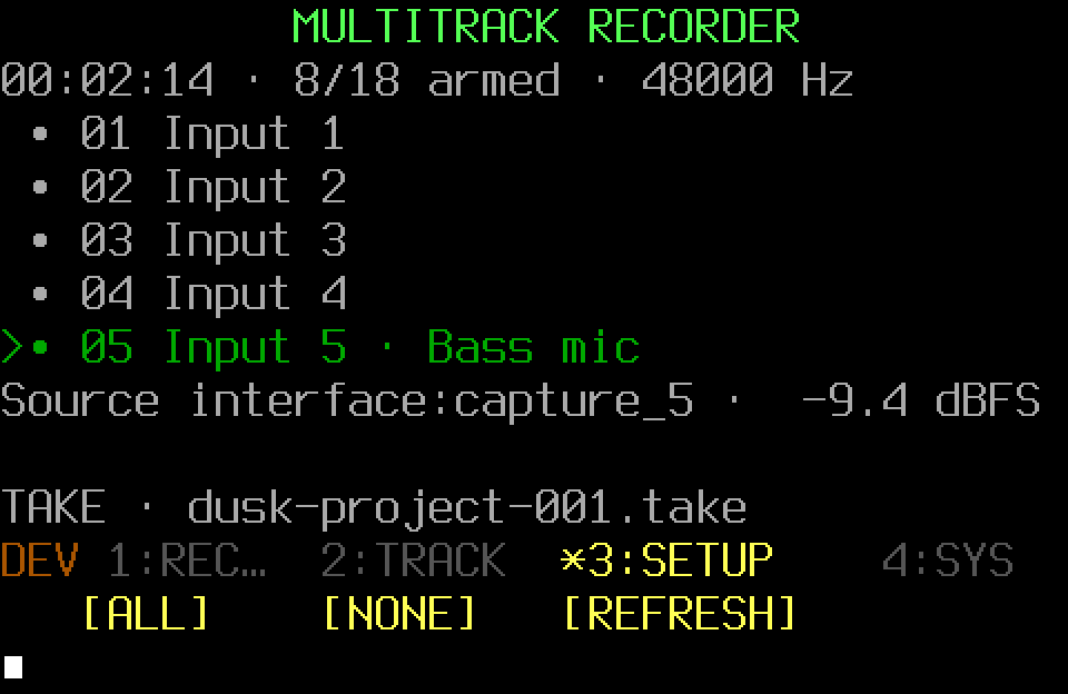 Populated Audio recorder screen with the SETUP controller page