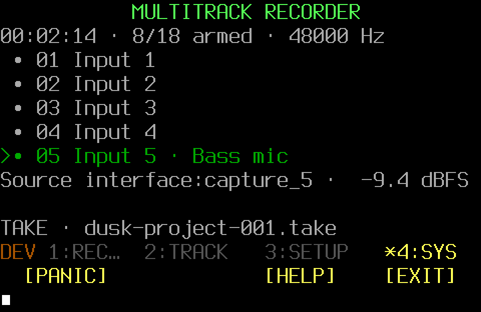 Populated Audio recorder screen with the SYS controller page