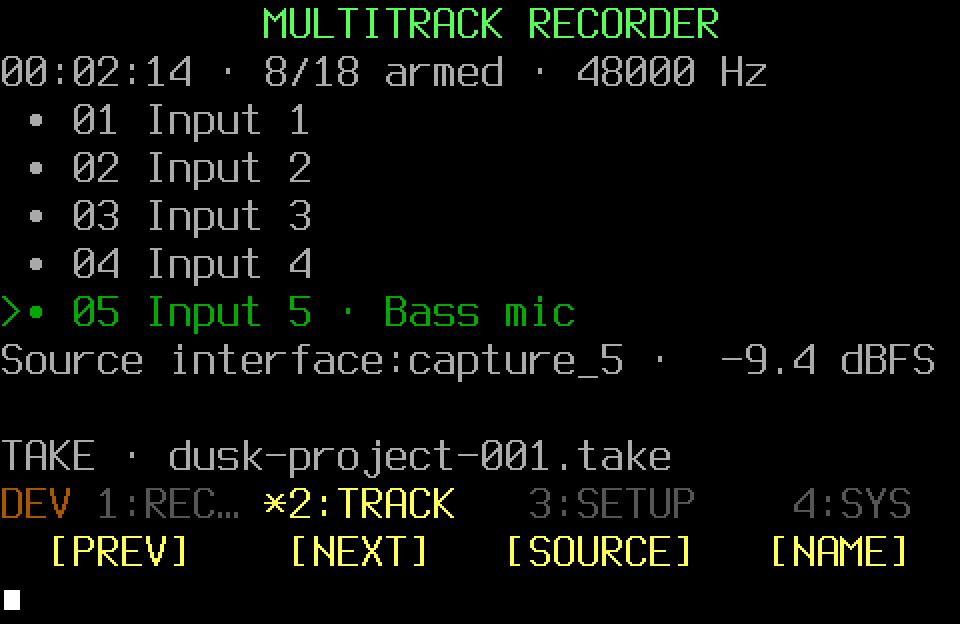 Populated Audio recorder screen with the TRACK controller page