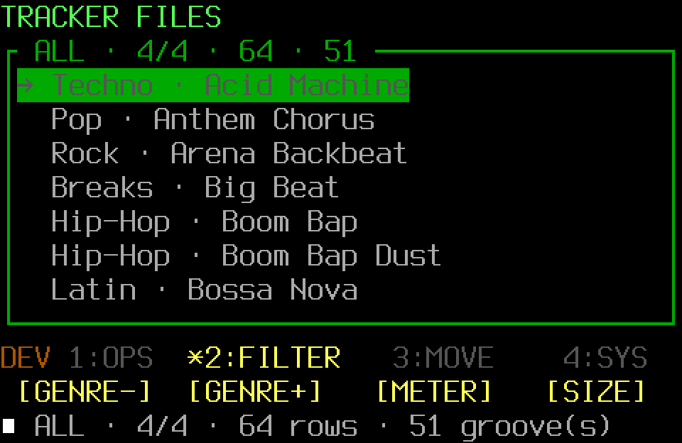 Populated drum-pattern library with the FILTER page