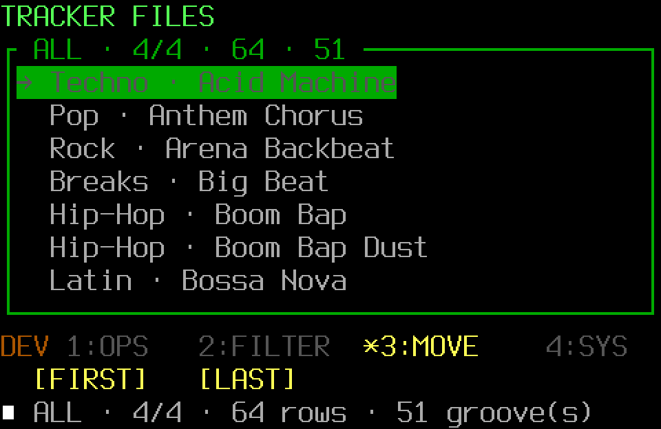 Populated drum-pattern library with the MOVE page
