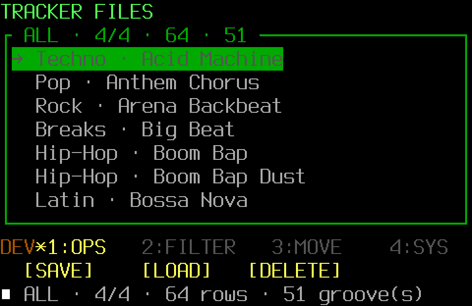 Populated drum-pattern library with the OPS page