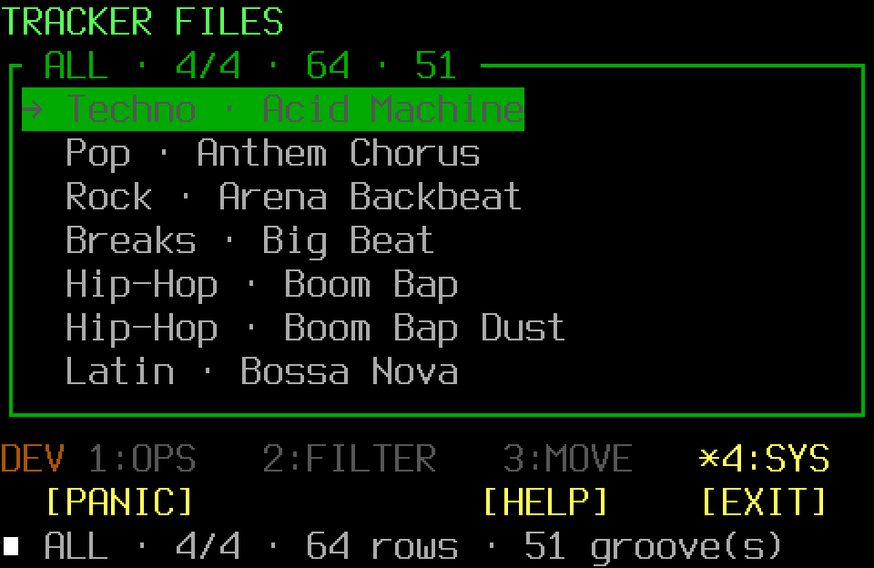 Populated drum-pattern library with the SYS page