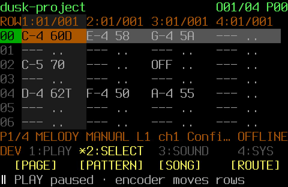 Populated FT2 Pattern with the SELECT controller page