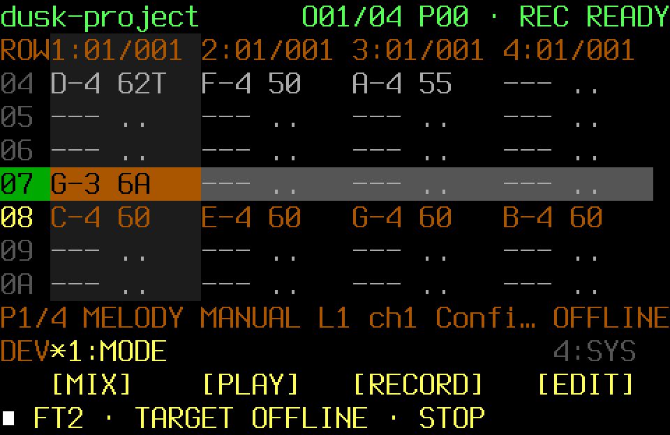 Populated FT2 Pattern recording context with the MODE page