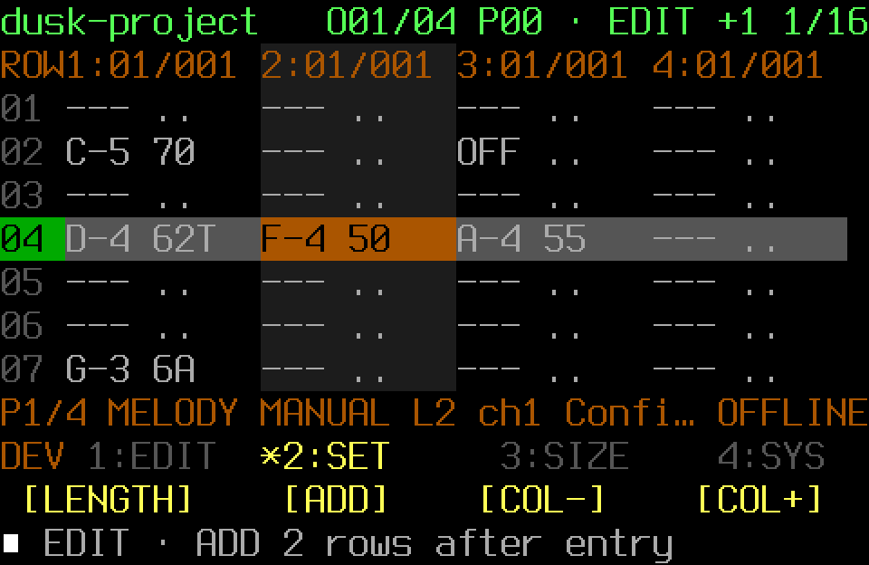 Populated FT2 Pattern in Edit mode with the SET page