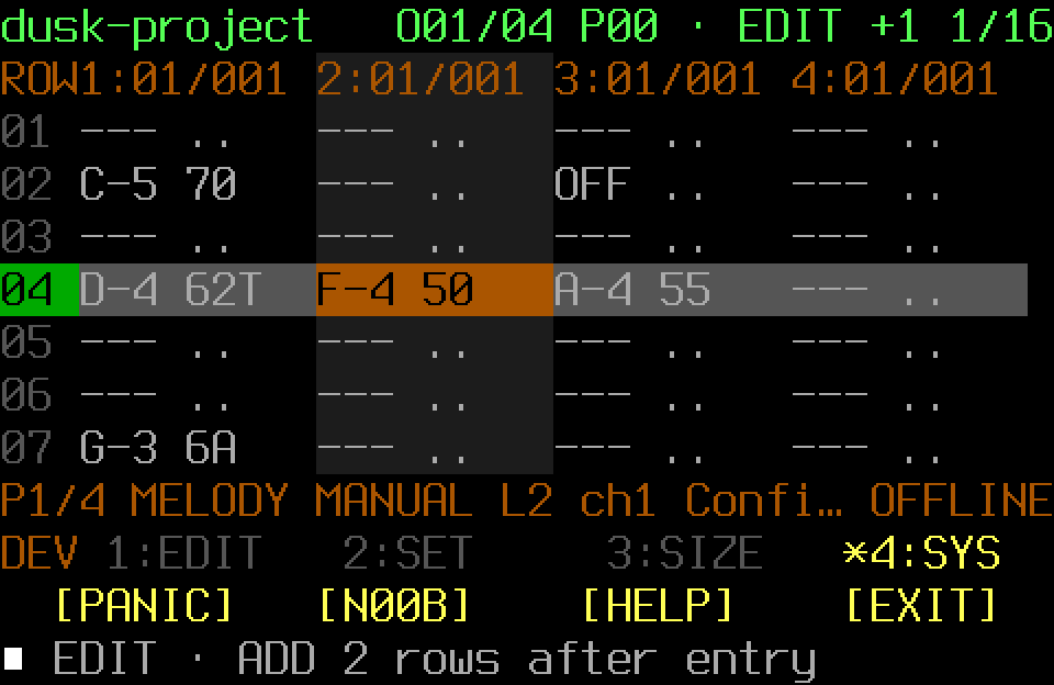 Populated FT2 Pattern in Edit mode with the SYS page