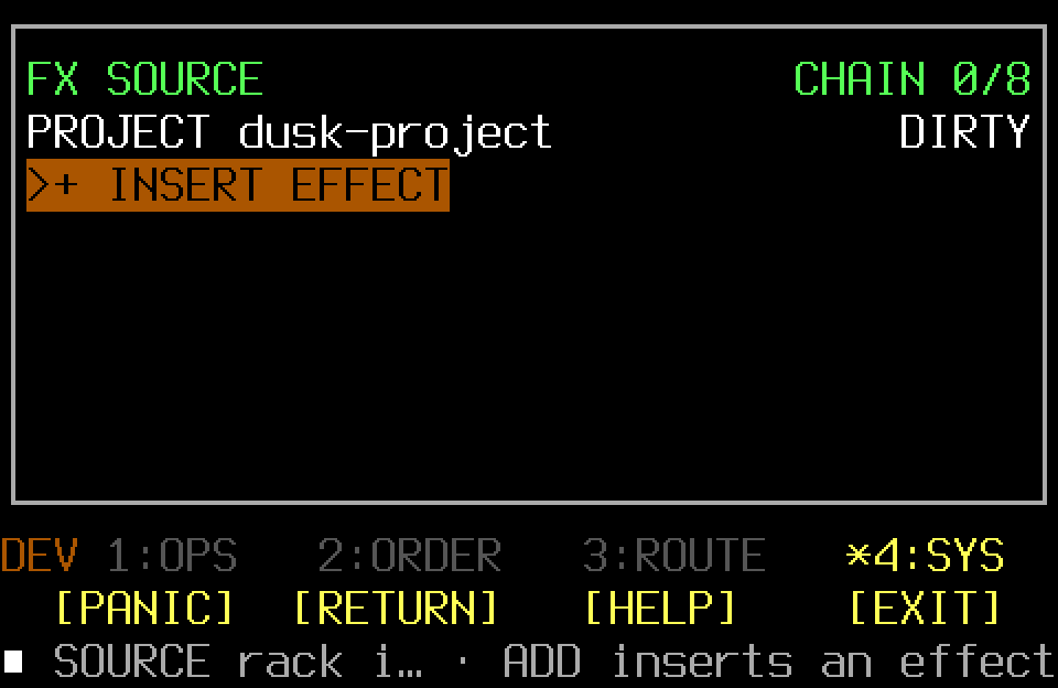 Empty FX rack with its SYS context