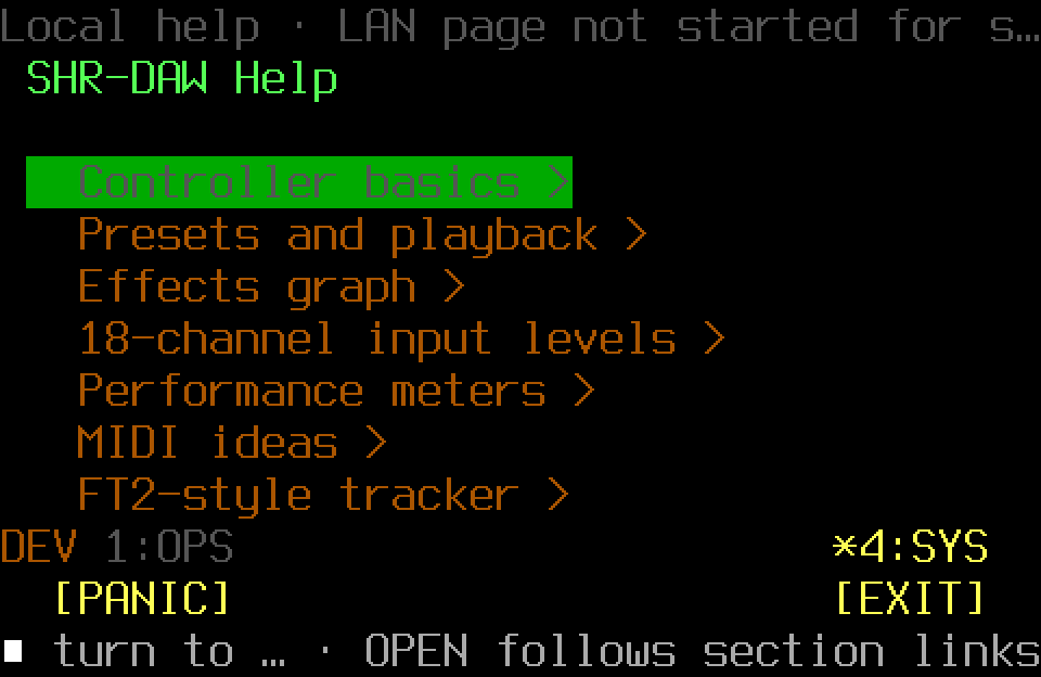 Populated Help screen with the SYS controller page