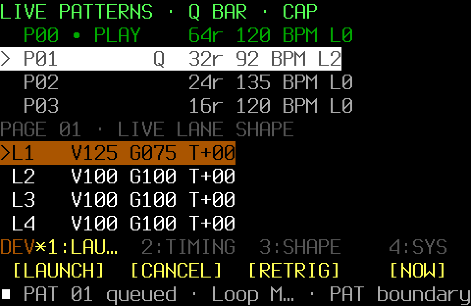 Live Pattern rows showing current and queued loop ownership
