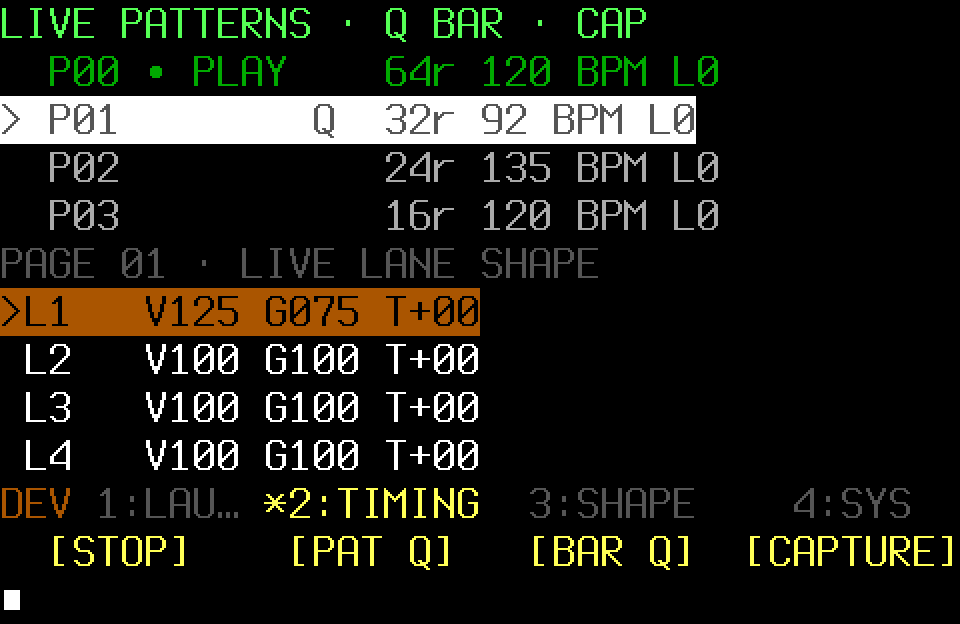 Populated Live Patterns with the TIMING page