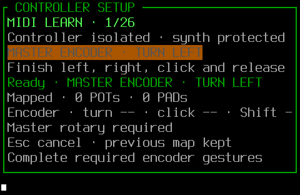 Non-audible MIDI Learn screen waiting for a master-encoder gesture
