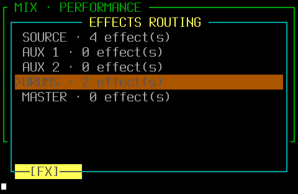 Effects-routing overlay over the performance meter