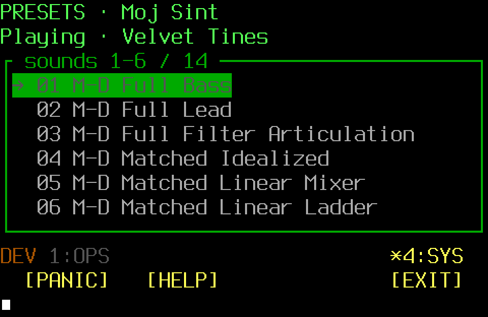 Populated Presets screen with the SYS controller page