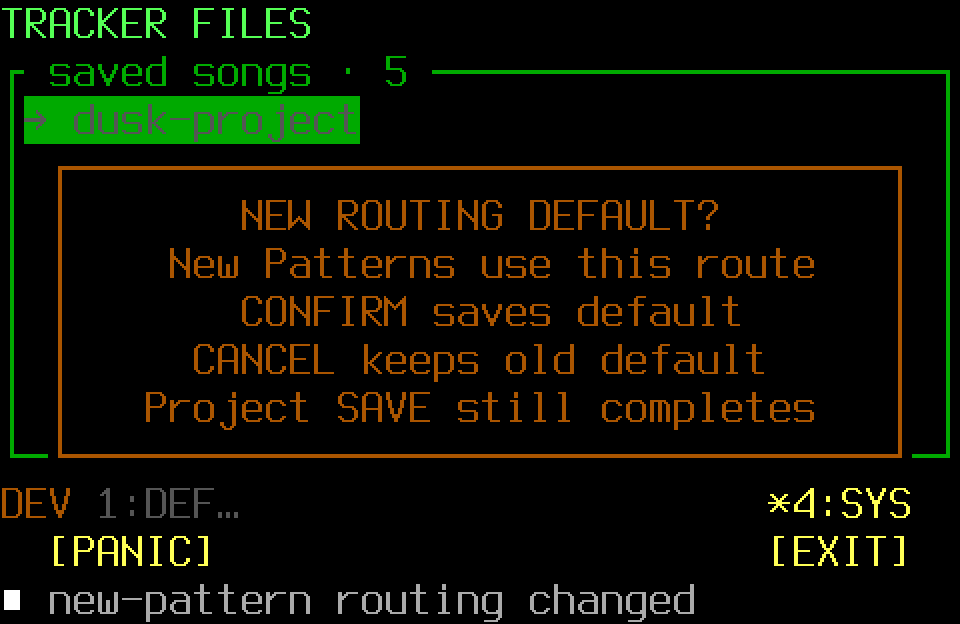 Routing-default confirmation with the SYS controller page