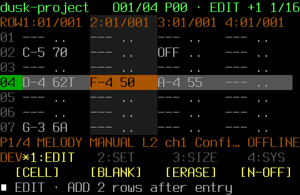 FT2 Pattern editor with four lanes of note data
